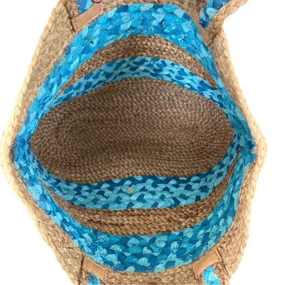 CHICO’S Beige Woven Jute Raffia Turquoise Blue Fabric Beach Travel Shoulder Tote - Picture 10 of 11